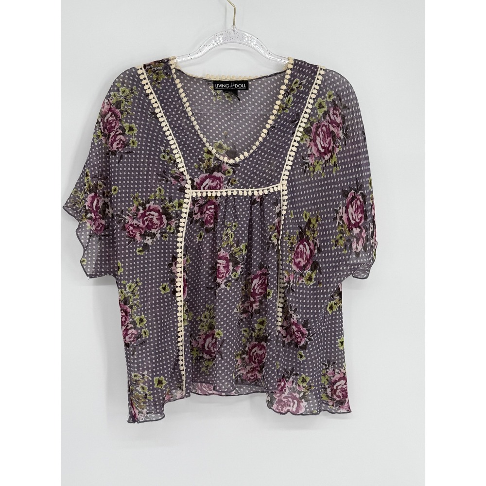Living Doll Los Angeles Floral Polka Dot Sheer Chiffon Blouse Purple Sz S